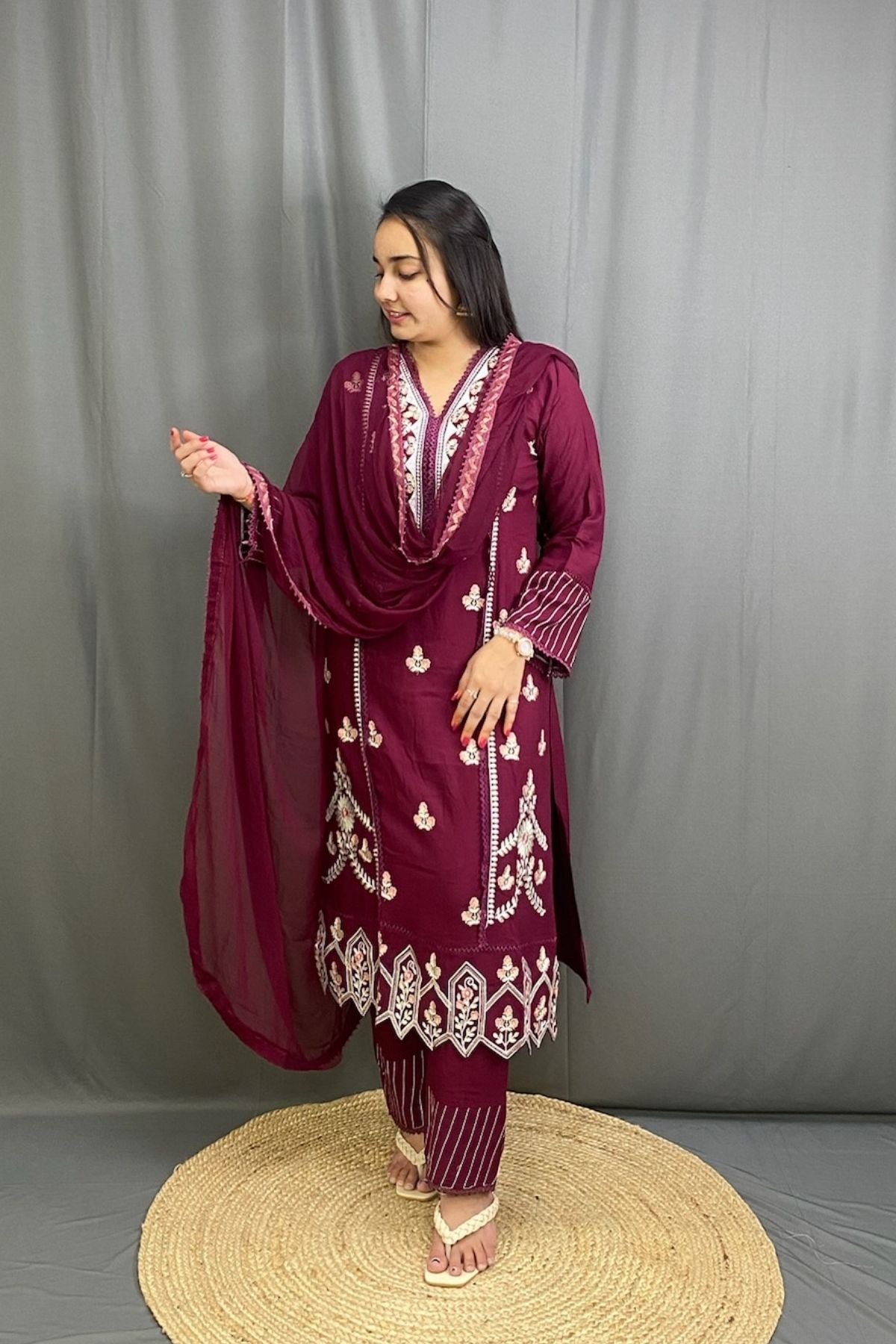 Pakistani Style Heavy Reyon Embroidered Suit Set with Lace Work & Chiffon Dupatta