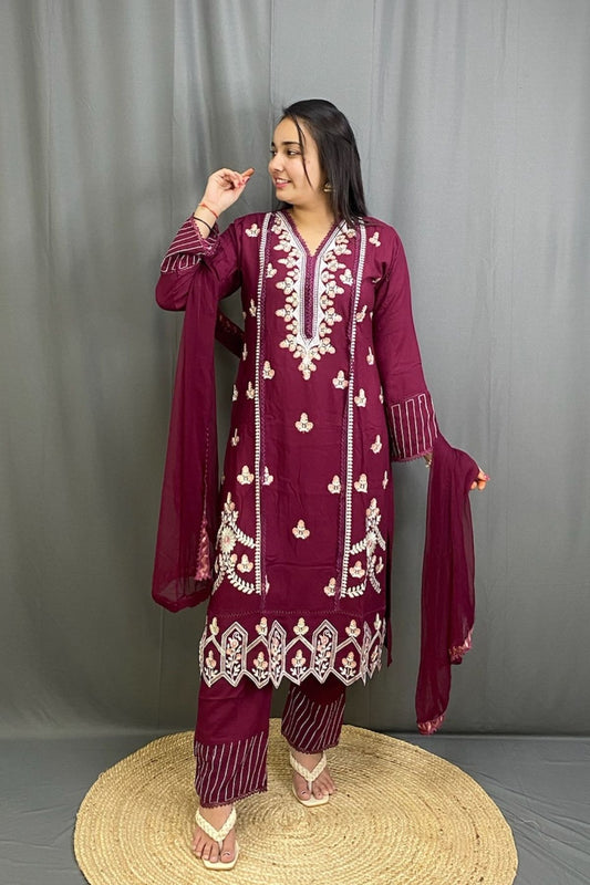Pakistani Style Heavy Reyon Embroidered Suit Set with Lace Work & Chiffon Dupatta