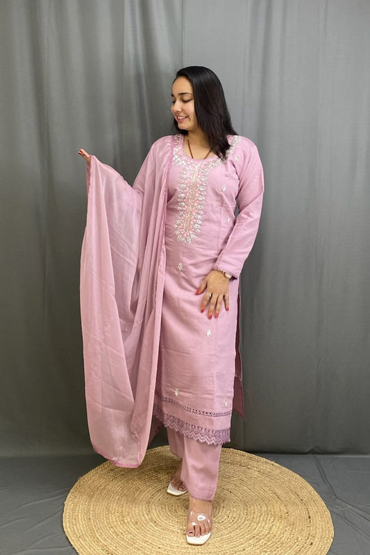 Elegant Modal Silk Suit Set with Intricate Embroidery, Lace Detailing & Chiffon Dupatta