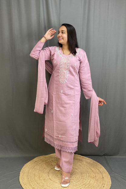 Elegant Modal Silk Suit Set with Intricate Embroidery, Lace Detailing & Chiffon Dupatta