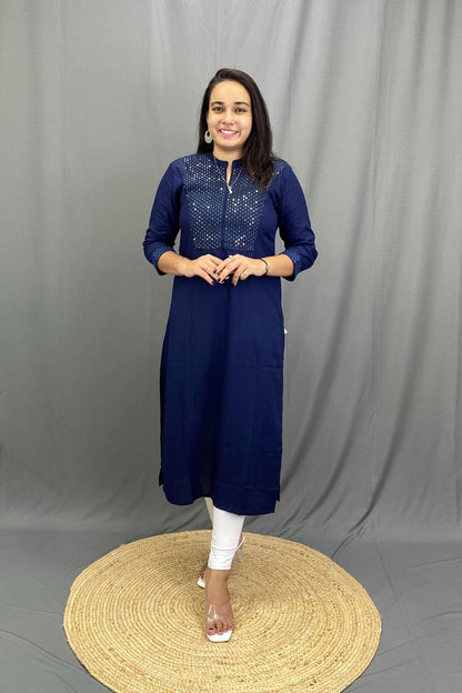 Rayon Kurti with Tikki Embroidery on Neckline, Lightweight Ethnic for Everyday