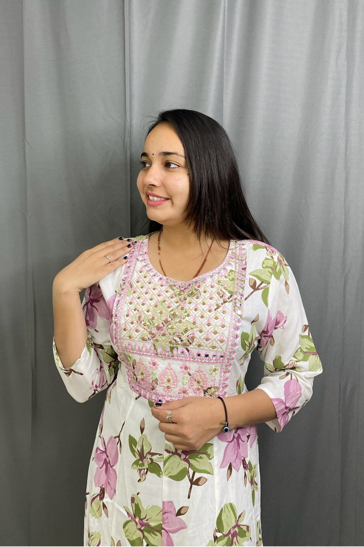 Pistachio Green Floral Print Anarkali Kurti Pant Dupatta Set