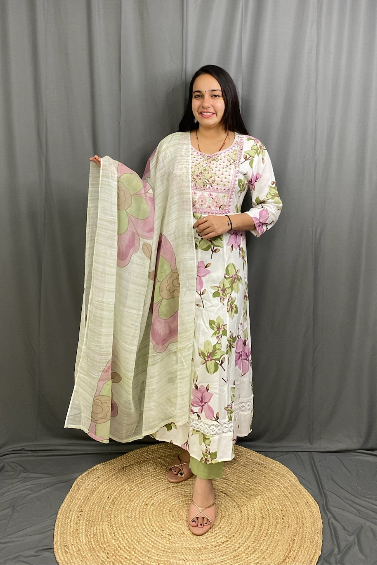 Pistachio Green Floral Print Anarkali Kurti Pant Dupatta Set