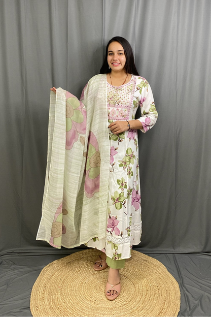 Pistachio Green Floral Print Anarkali Kurti Pant Dupatta Set