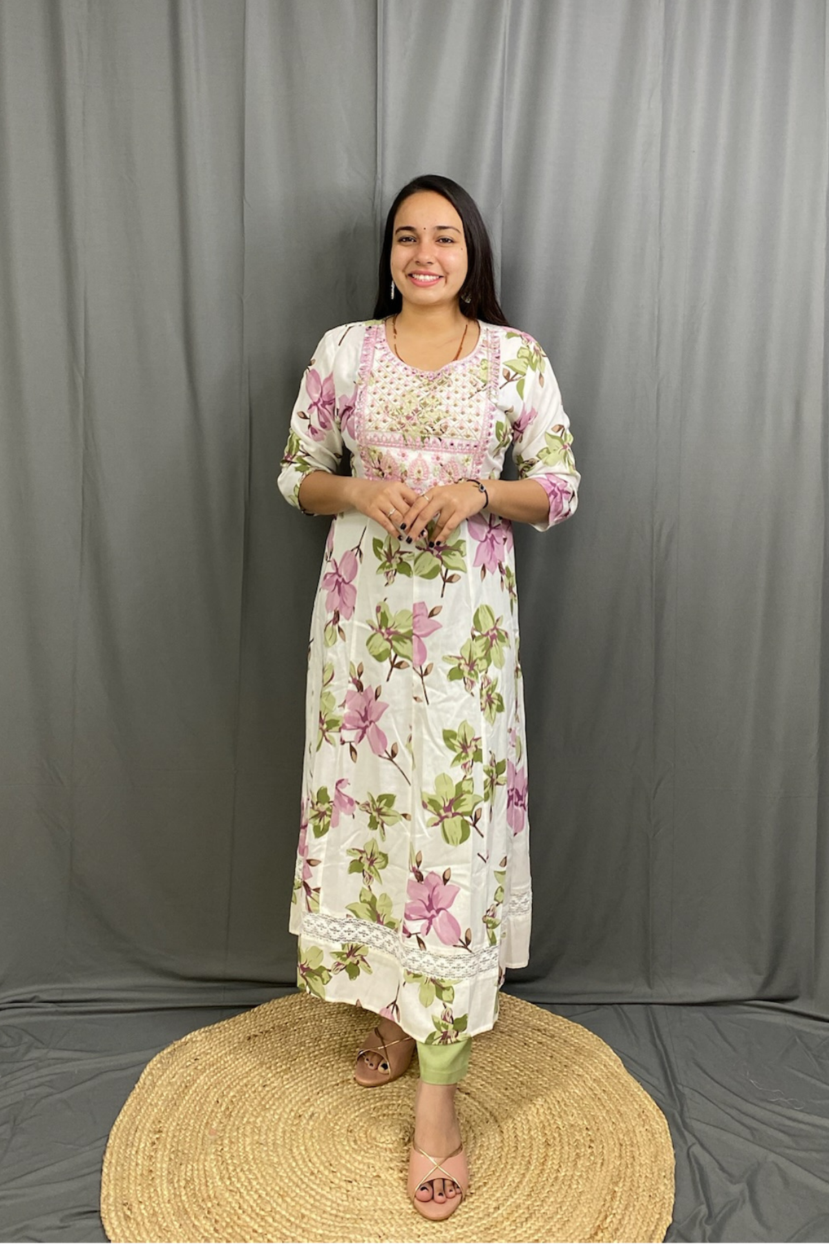 Pistachio Green Floral Print Anarkali Kurti Pant Dupatta Set