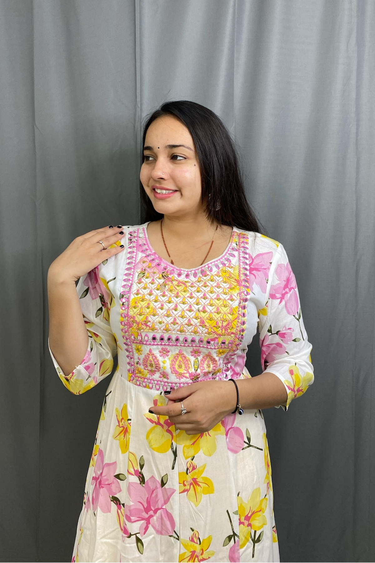 Charming Cotton Anarkali Kurti Pant Dupatta Set with Floral Print