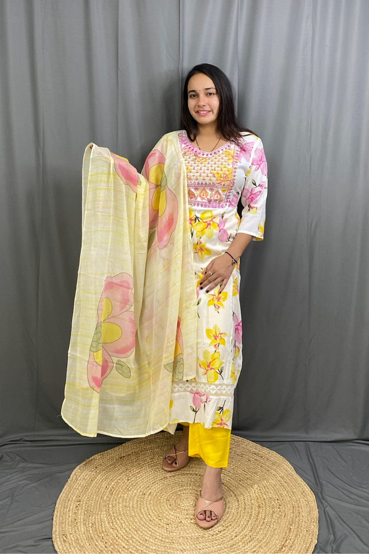 Charming Cotton Anarkali Kurti Pant Dupatta Set with Floral Print