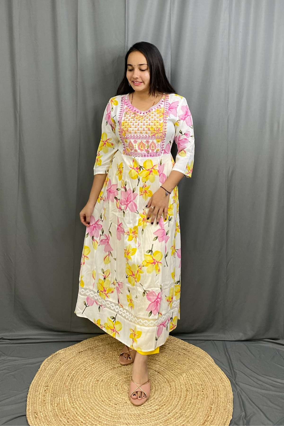 Charming Cotton Anarkali Kurti Pant Dupatta Set with Floral Print