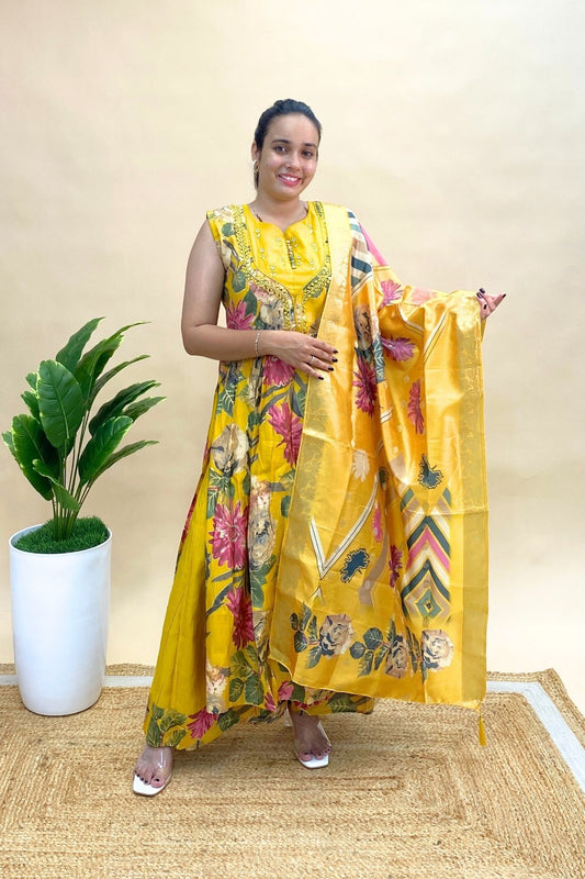 Premium Art Silk Kurti Dupatta Set with Elephant Plazo, Indo-Western for Festive Charm